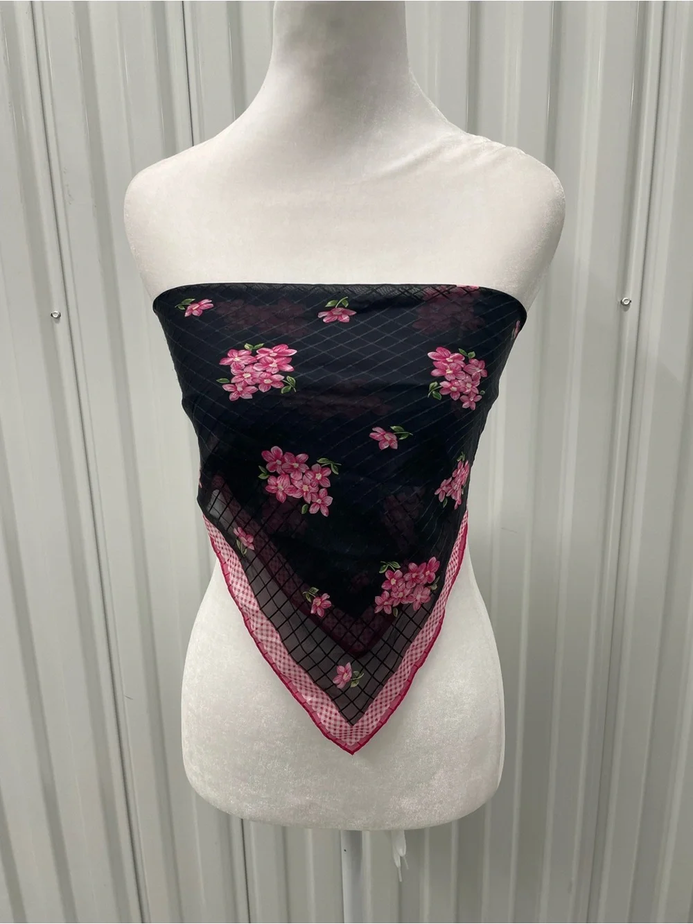 Vintage Silk Black Pink Floral Gingham Scarf Top Bandana Whimsigoth Coquette Y2K